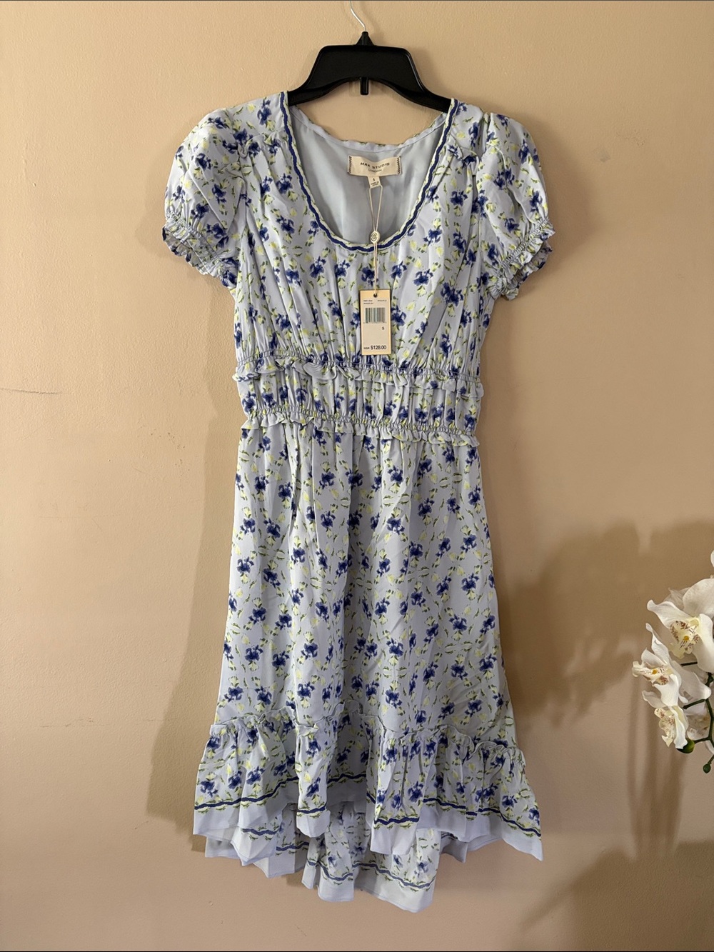 Max Studio Light Blue Floral Ruffled Waist Dress Size Small